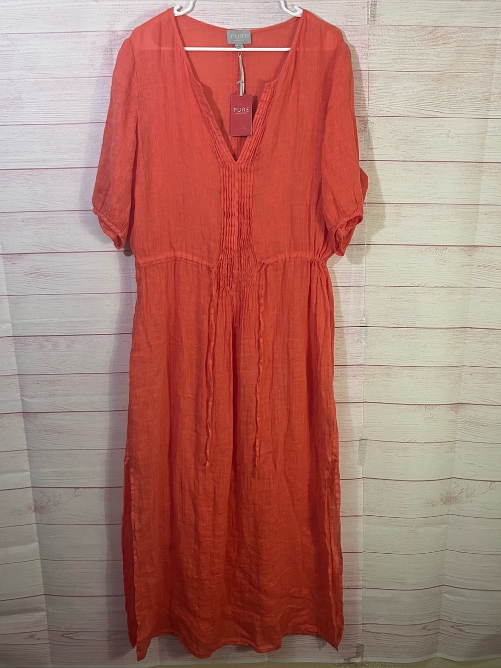 Pure Collection Orange 100% Linen Drawstring‎ V Neckline Dress Size 12